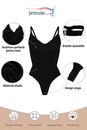 Body Modelator cu Efect de Compresie, din Material Respirabil si Elastic, Bretele Ajustabile, Tanga Negru [2]
