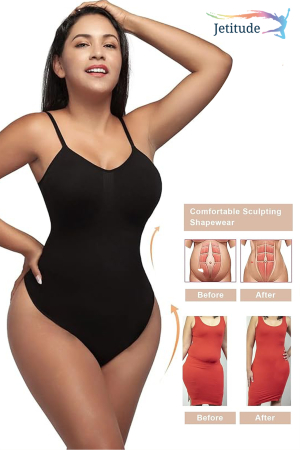 Body Modelator cu Efect de Compresie, din Material Respirabil si Elastic, Bretele Ajustabile, Tanga Negru [3]