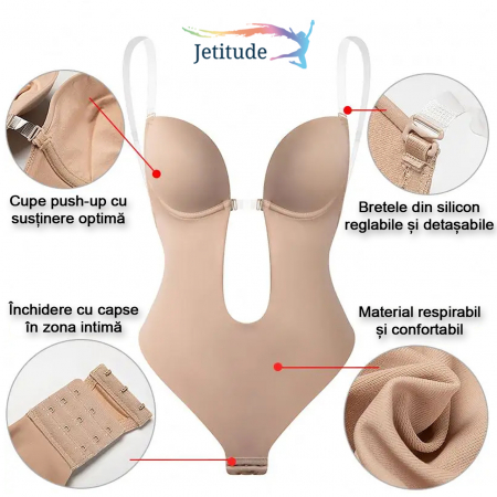 Body Modelator tanga cu  bretele transparente-Bej [2]