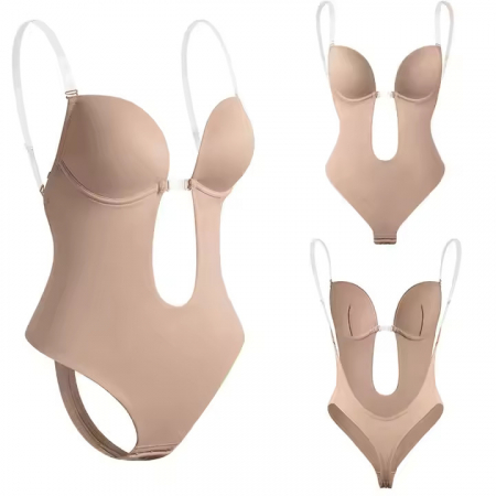 Body Modelator tanga cu  bretele transparente-Bej [8]