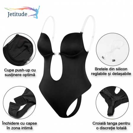 Body Modelator tanga cu  bretele transparente-Negru [4]
