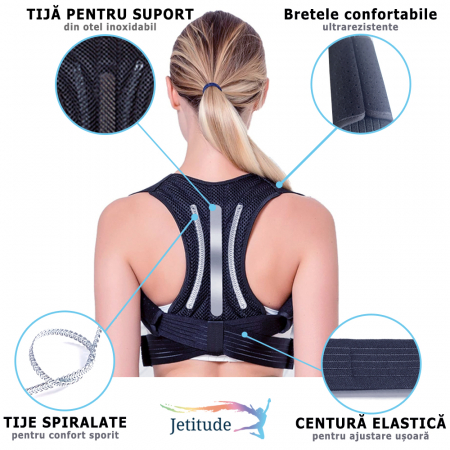 Corector de Postura Jetitude, Suport Ortopedic pentru Corectare si Indreptare Coloana si Spate, cu bretele confortabile Ham pentru Umeri si Calvicula, Unisex, Negru, Mărime [1]
