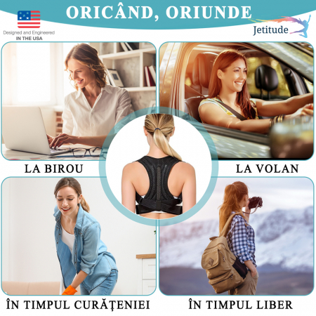 Corector de Postura Jetitude, Suport Ortopedic pentru Corectare si Indreptare Coloana si Spate, cu bretele confortabile Ham pentru Umeri si Calvicula, Unisex, Negru, Mărime [2]