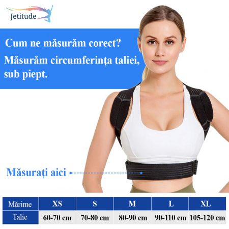 Corector de Postura Jetitude, Suport Ortopedic pentru Corectare si Indreptare Coloana si Spate, cu bretele confortabile Ham pentru Umeri si Calvicula, Unisex, Negru, Mărime [6]