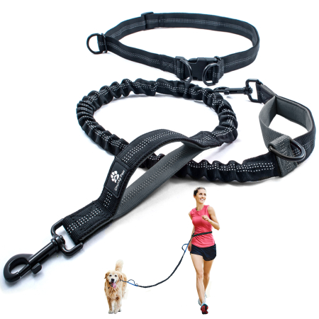 Accesorii sportive - Lesa hands free cu amortizor Chunky Paw™ pentru caini de talie mare pentru alergare, jogging, plimbari, drumetii Negru cu Gri