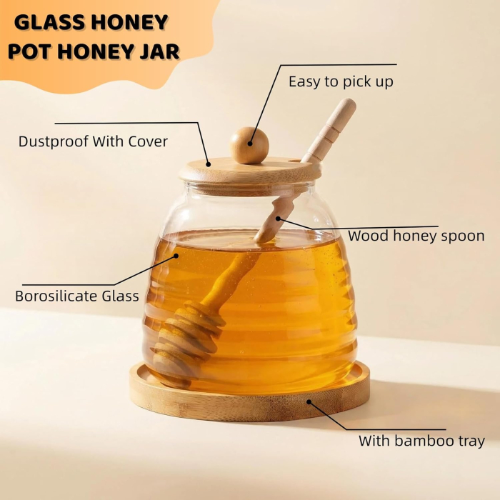 Borcan sticla pentru depozitare Miere, capac si suport bambus, 500 ml [3]
