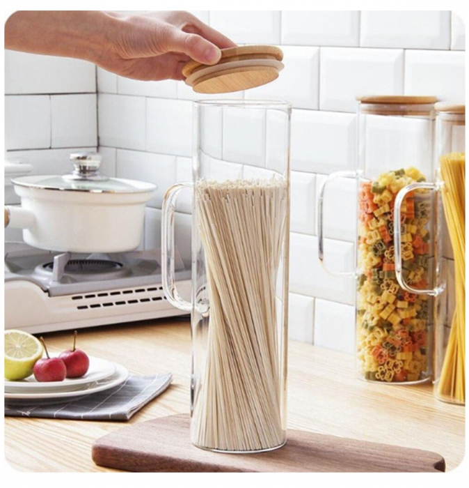 Borcan pentru Spaghete, sticla Borosilicata si capac Bambus, 30x9 cm [3]