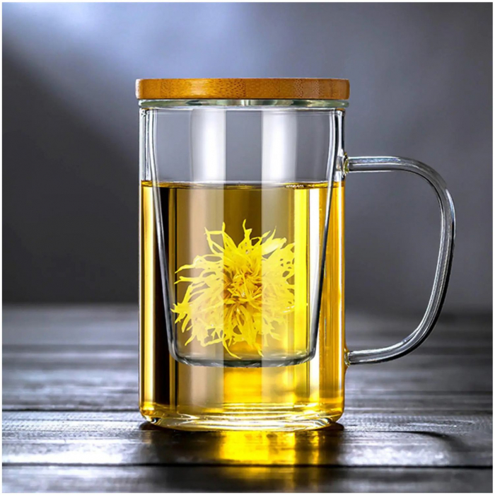 Cana cu infuzor din sticla borosilicata si capac din Bambus, 400 ml [3]
