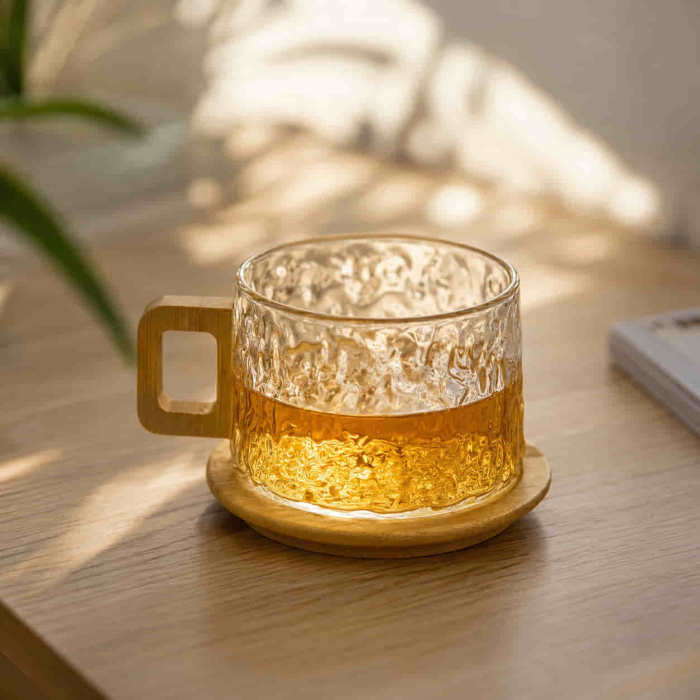 Cana „NATURA” din sticla borosilicata cu suport si maner din bambus, 250 ml [7]