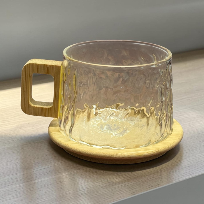 Set 4 cani  „NATURA” din sticla borosilicata cu suport si maner din bambus, 250 ml [5]