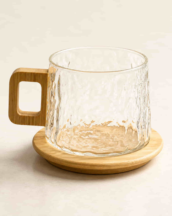 Cana „NATURA” din sticla borosilicata cu suport si maner din bambus, 250 ml [6]