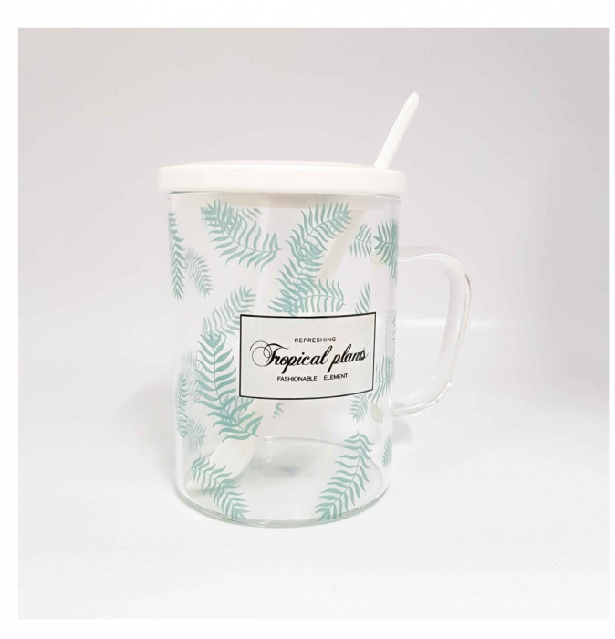 Cana din Sticla cu Capac si lingurita ceramica, TROPICAL, 350 ML [3]