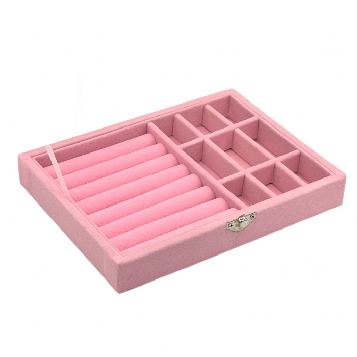 Caseta pentru Bijuterii, Inele /Cercei /Butoni, piele ecologica, Roz, 20x15x4.5 cm [4]
