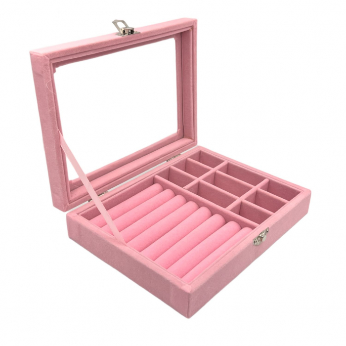 Caseta pentru Bijuterii, Inele /Cercei /Butoni, piele ecologica, Roz, 20x15x4.5 cm [2]