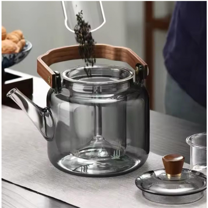 Ceainic 1200 ml din sticla borosilicata su infuzor si maner lemn, Fumuriu [2]