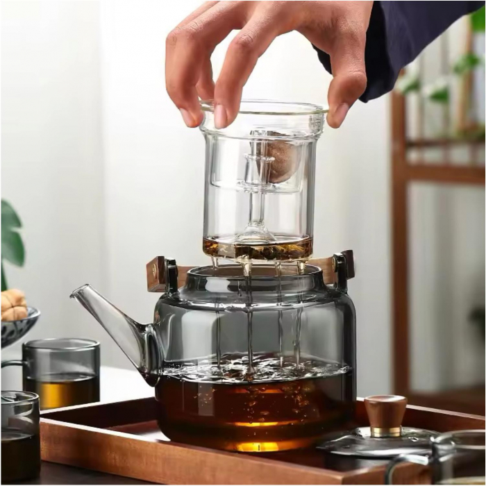 Ceainic 1200 ml din sticla borosilicata su infuzor si maner lemn, Fumuriu [3]