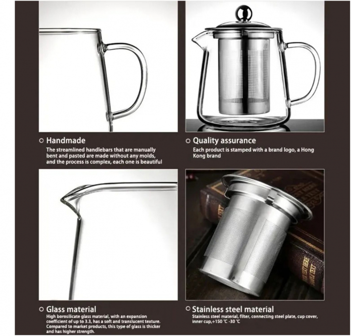 Ceainic 750 ml CLARICE, sticla borosilicata cu infuzor si capac metalic [4]