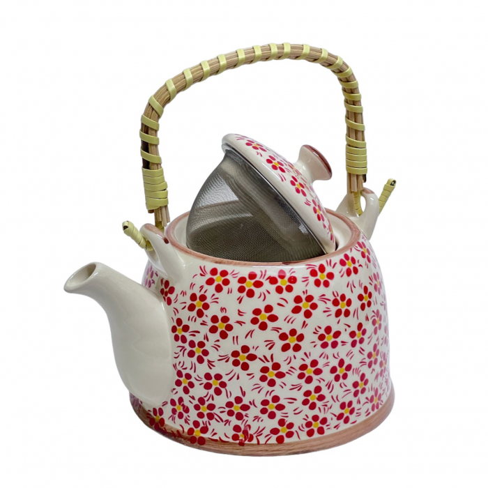 Ceainic Ceramic cu maner din bambus, Flowers Red, 800 ml [2]