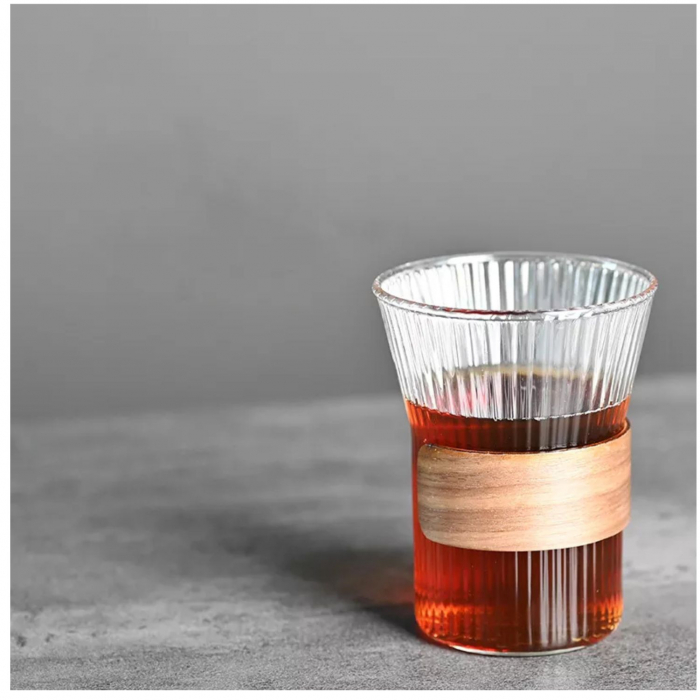 Pahar din sticla borosilicata cu protectie lemn, Lines, 350 ml [4]