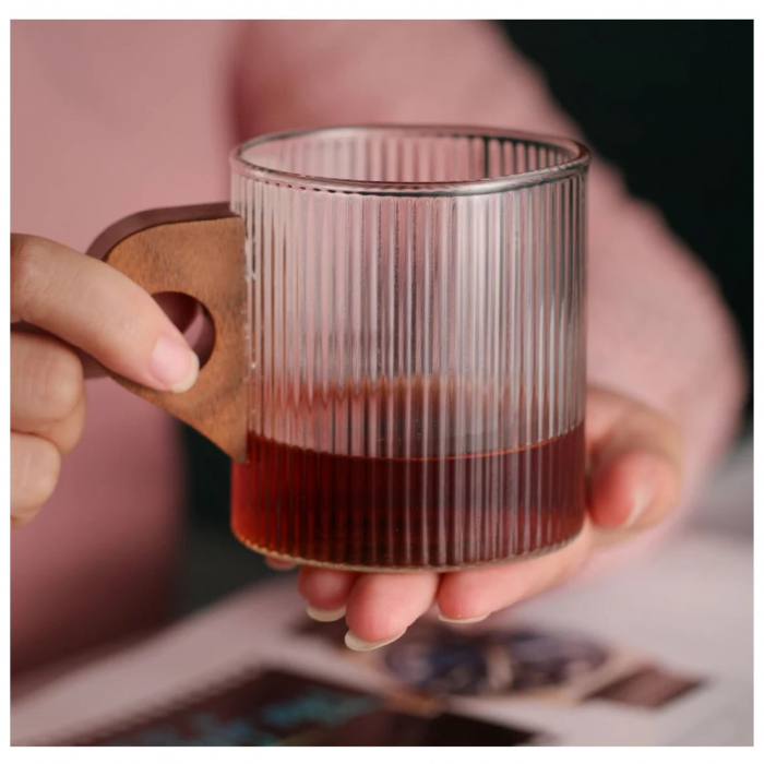 Cana din sticla borosilicata cu maner lemn, Lines, 280 ml [2]