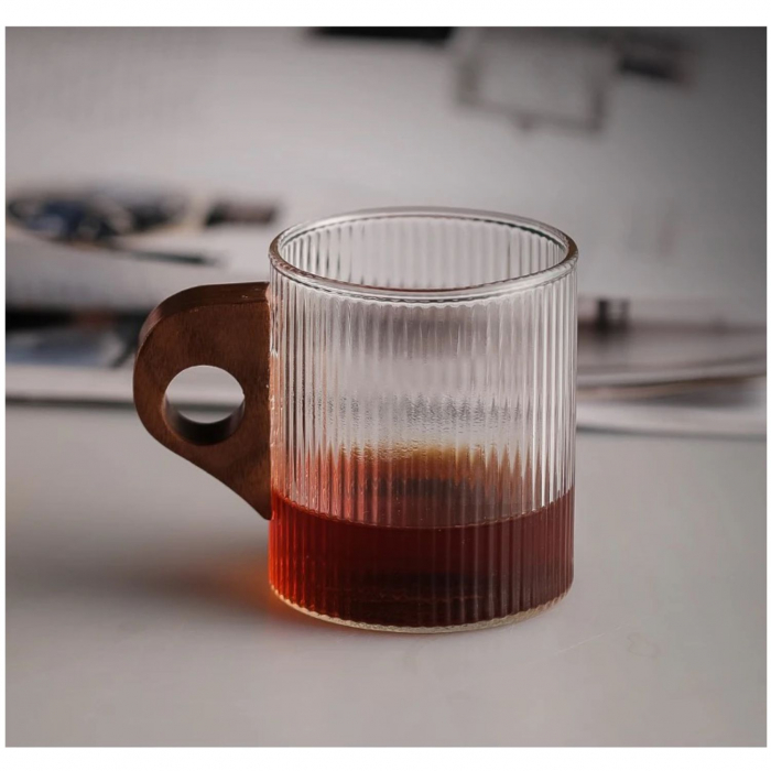 Cana din sticla borosilicata cu maner lemn, Lines, 280 ml [3]