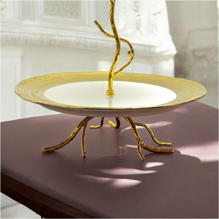 Platouri Portelan supraetajate, 2 niveluri, Candy Bar, Alb cu Auriu, 25 si 21 cm [3]