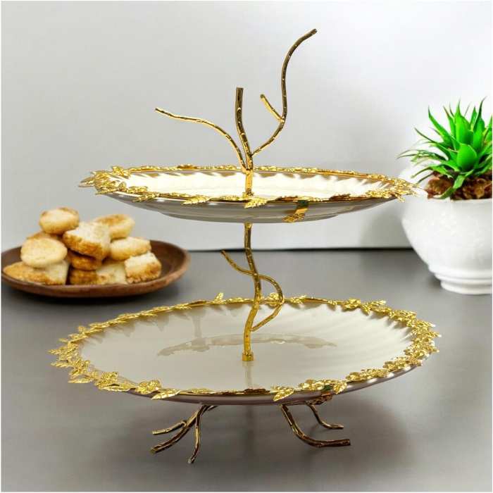 Platouri supraetajate ANTIQUA, 2 niveluri, Candy Bar, Alb cu margine metalica Aurie, 31.5 si 26 cm [3]