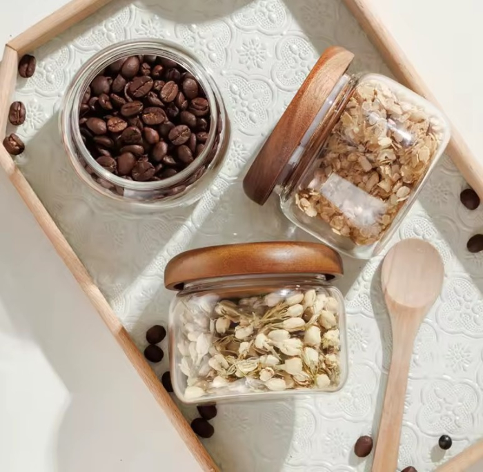 Recipient pentru depozitare 300 ml, sticla borosilicata si capac din lemn [4]