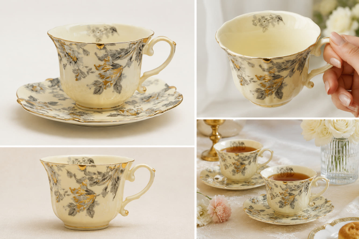 Serviciu Portelan Vintage 2 Cesti si farfurii, GOLDEN LEAF [3]