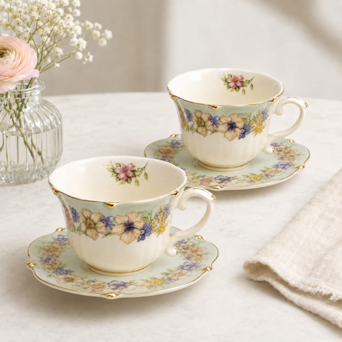 Serviciu Portelan Vintage 2 Cesti si farfurii, Green Bouquet [3]