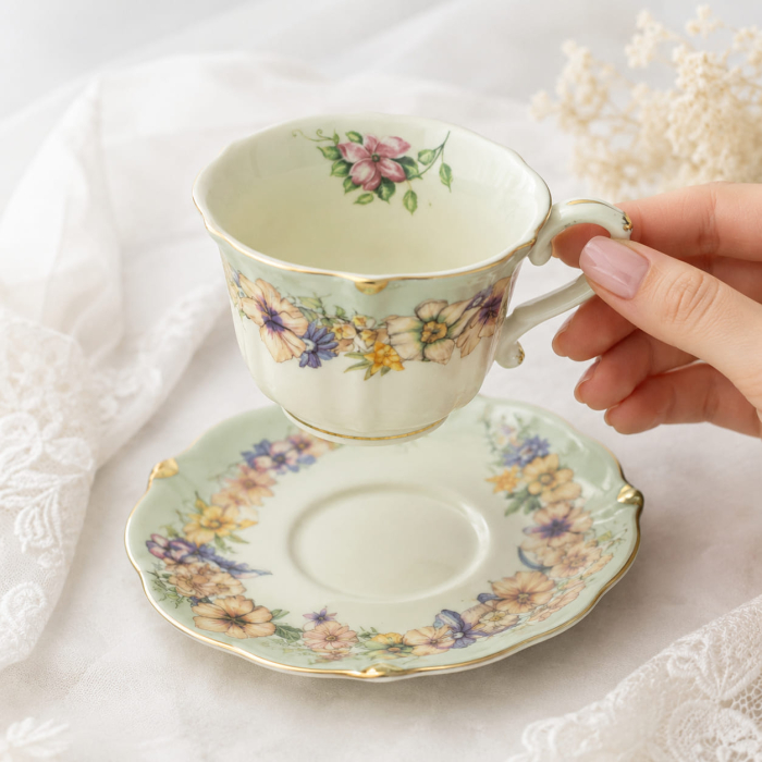 Serviciu Portelan Vintage 2 Cesti si farfurii, Green Bouquet [4]