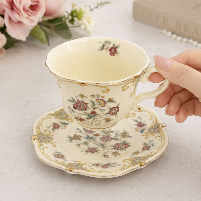 Serviciu Portelan Vintage 2 Cesti si farfurii, Yellow [3]