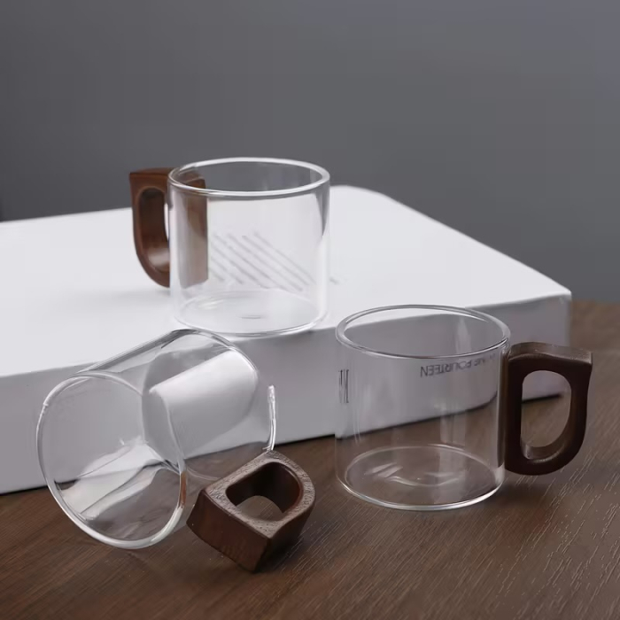 Set 6 cani espresso din sticla borosilicata, 100 ml, cu maner din lemn natural [5]
