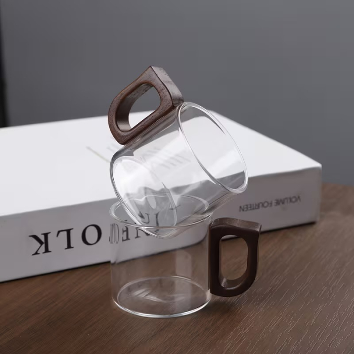 Set 6 cani espresso din sticla borosilicata, 100 ml, cu maner din lemn natural [2]
