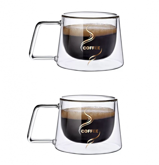 Set 2 Cesti COFFEE din sticla borosilicata cu pereti dubli, 200 ml [8]