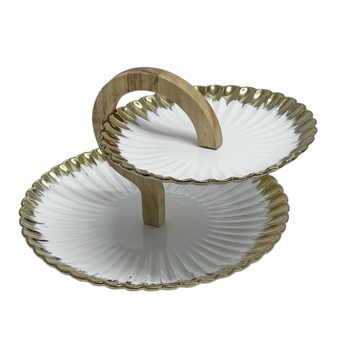 Set 2 farfurii Supraetajate Candy Bar, Alb cu Auriu, Portelan cu suport lemn, 28x20 cm [2]