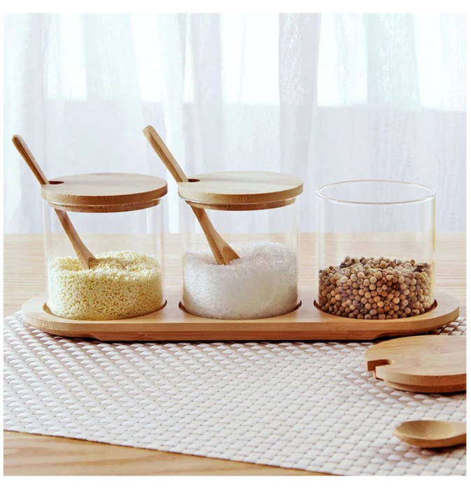 Set pentru condimente, 3 recipiente sticla Borosilicata, cu lingurite, capace si tava din bambus, 30x10x10 cm [5]