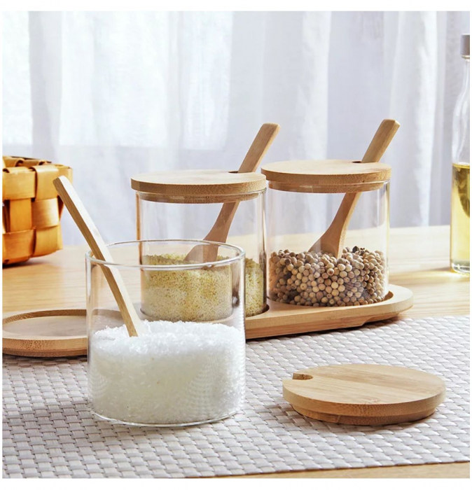 Set pentru condimente, 3 recipiente sticla Borosilicata, cu lingurite, capace si tava din bambus, 30x10x10 cm [4]