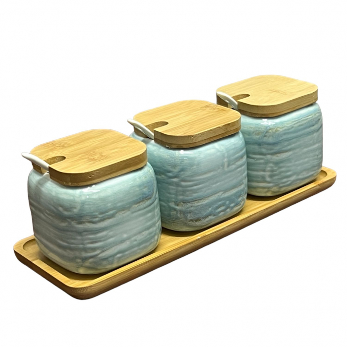Set 3 recipiente din ceramica, capace si tava din Bambus, 30x10x11 cm [2]