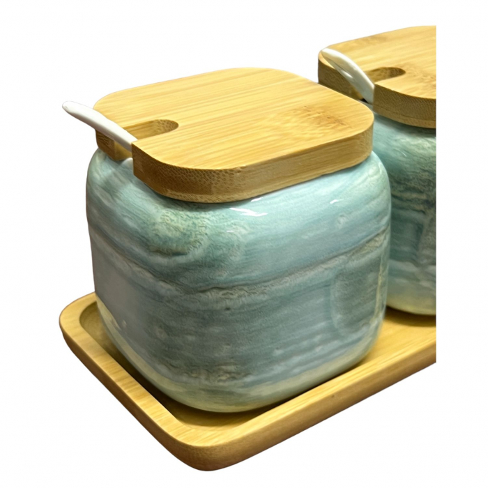 Set 2 recipiente din ceramica, capace si tava din Bambus, 20x10x11 cm [2]