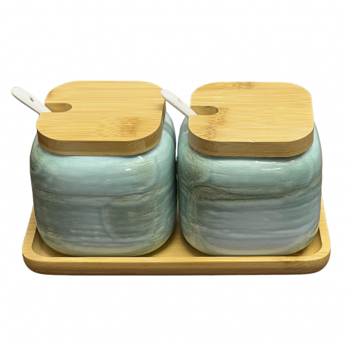 Set 2 recipiente din ceramica, capace si tava din Bambus, 20x10x11 cm [3]