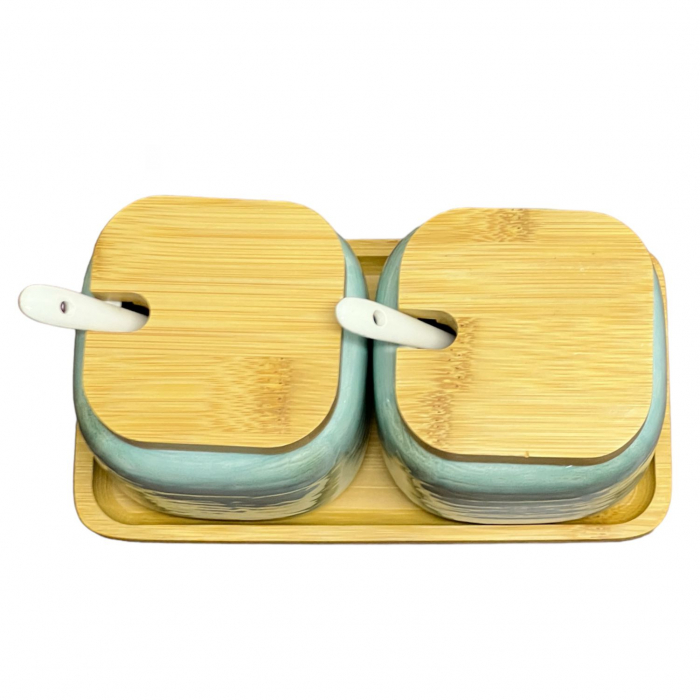 Set 2 recipiente din ceramica, capace si tava din Bambus, 20x10x11 cm [4]