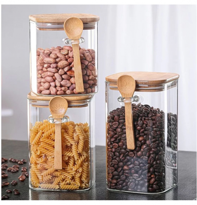 Recipient 700 ML din Sticla borosilicata, cu lingurita si capac Bamboo [4]