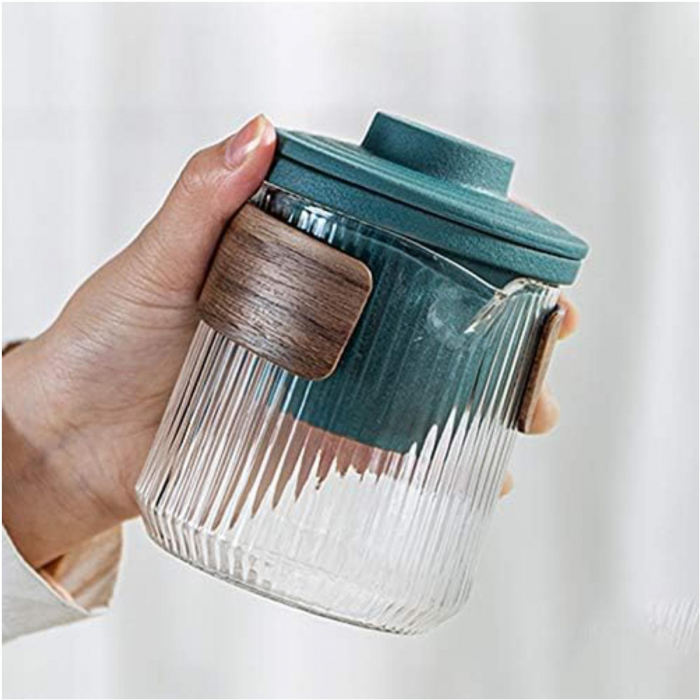 Set Cana 380ml sticla borosilicata cu protecte lemn, 4 cupe si infuzor Ceramic, Lines [4]