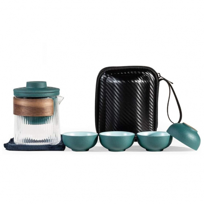 Set Cana 380ml sticla borosilicata cu protecte lemn, 4 cupe si infuzor Ceramic, Lines [2]