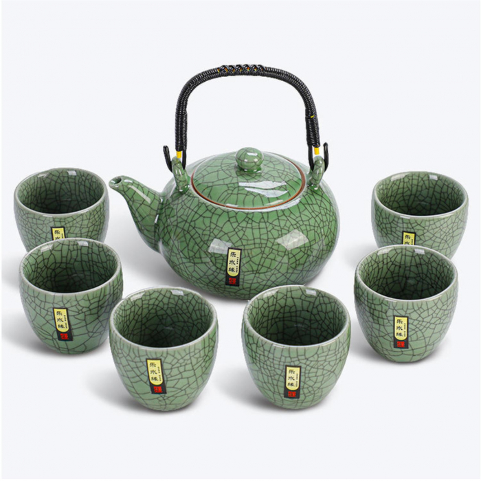 Set Ceainic 500 ml si 6 cupe din Portelan, cutie Lemn, Verde [4]