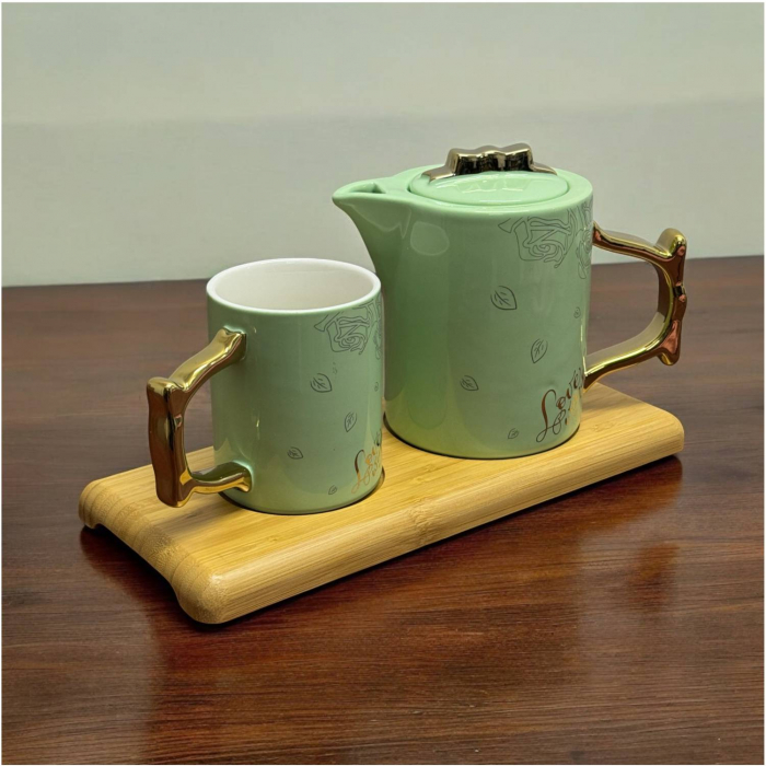Set Ceainic 500 ml si Cana 230 ml Portelan LOVE WINS, tava bambus 12x28 cm, Verde [2]