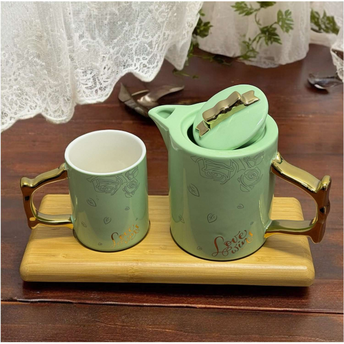 Set Ceainic 500 ml si Cana 230 ml Portelan LOVE WINS, tava bambus 12x28 cm, Verde [4]