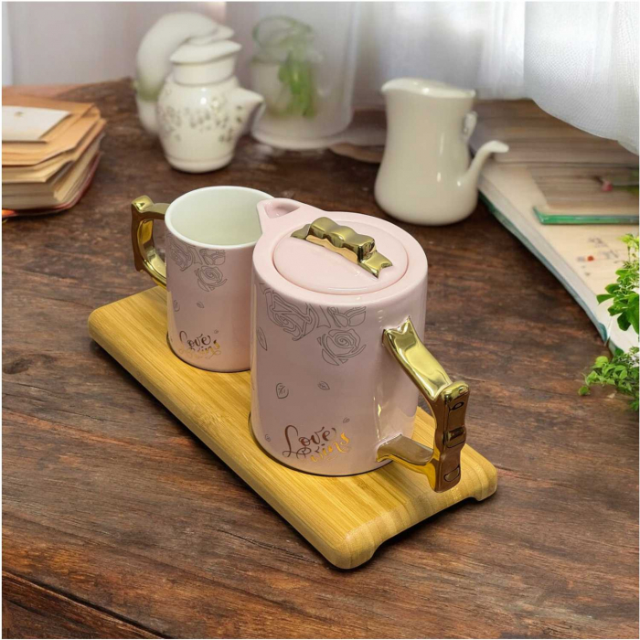 Set Ceainic 500 ml si Cana 230 ml Portelan LOVE WINS, tava bambus 12x28 cm, Roz [3]