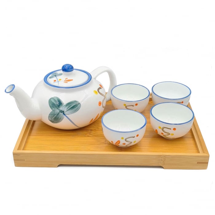 Set Ceainic cu 4 Cupe din Portelan si tava din Bambus [1]